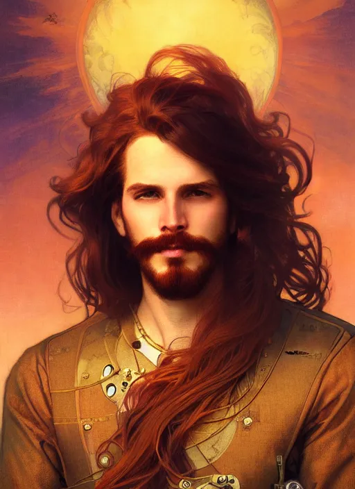 Image similar to portrait painting of a handsome face rugged long hair crimson hair male captain, top half portrait soft hair steampunk ornate mechanical zeppelin airship in the background sky sunset golden hour fantasy soft hair deviantart book cover art atmospheric volumetric lighting art by mucha greg rutkowski gaston bussiere