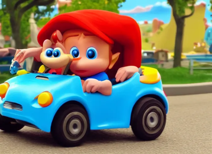 Image similar to steve buscemi driving a little tikes cozy coupe, movie still, from the new zelda game, 8 k, realistic