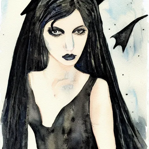 Image similar to portrait of young gothic witch, watercolor painting