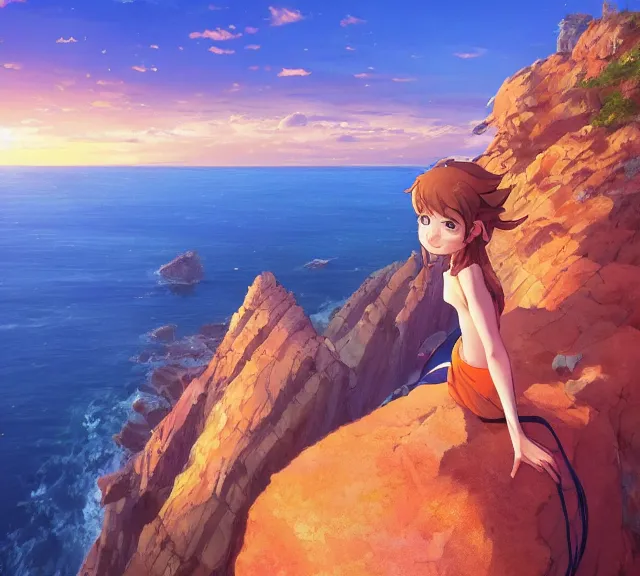 Image similar to a auburn-colored sitting on a cliff overlooking the sea. Atmospheric lighting, sunset, blue sea. By Makoto Shinkai, Stanley Artgerm Lau, WLOP, Rossdraws, James Jean, Andrei Riabovitchev, Marc Simonetti, krenz cushart, Sakimichan, trending on ArtStation, digital art.