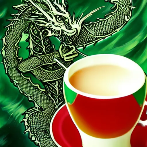 Prompt: a green dragon drinking a cup of tea