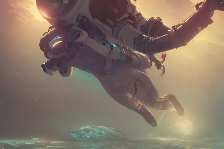 Image similar to futuristic astronaut underwater in the ocean at night, volumetric lighting, glowing lights, 4k, octane, digital painting, artstation, concept art, sharp focus, illustration, art by artgerm and greg rutkowski and alphonse mucha