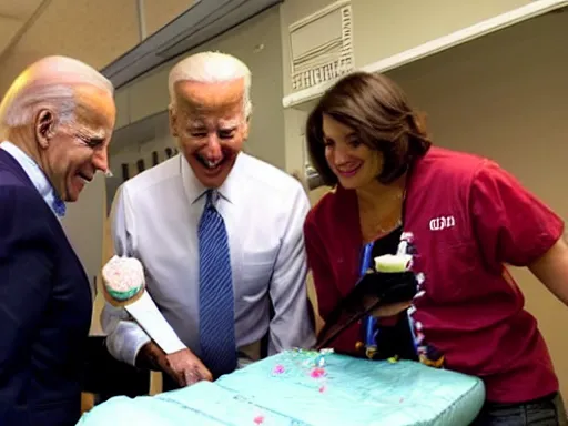 Image similar to Joe Biden in the icu with a man throwing a cupcake at him