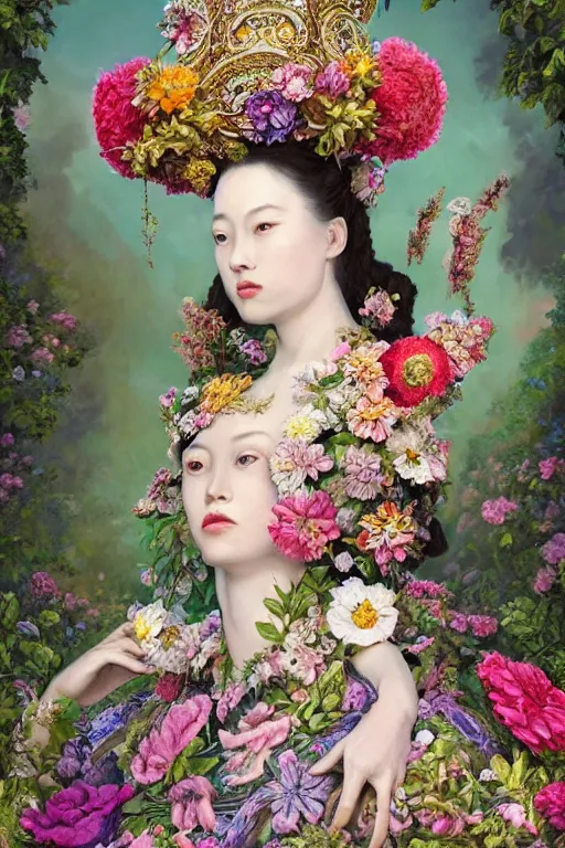 Image similar to a beautiful portrait of an empress in her garden, with a brilliant, impossible striking big flower headpiece, clothes entirely made out of flowers, symmetrical, closeup, dramatic studio lighting, rococo, baroque, jewels, asian, hyperrealism, D&D, fantasy, intricate, elegant, highly detailed, digital painting, artstation, octane render, 8k, concept art, matte, sharp focus, illustration, art by Artgerm and Greg Rutkowski and Alphonse Mucha