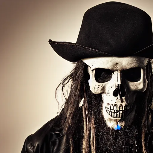 Prompt: portrait photo of a dirty rugged old pirate lord wearing black hat, black coat and a skull bone mask, long black beard and long black hair, dramatic cinematic lighting, movie scene, dslr photo, depth of field