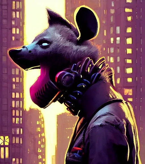 Image similar to new york city portrait of furry anthro anthropomorphic spotted hyena head animal person fursona wearing clothes strange cybernetic muzzle gloomy rainy screenshot from the video game cyberpunk 2077 digital art by Greg Rutkowski, Simon Stalenhag, christopher nolan trending on Artstation, CGSociety