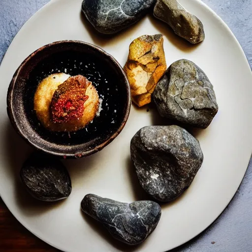 Prompt: high resolution photo of rocks, michelin star, very tasty, food photography, instagram, trending