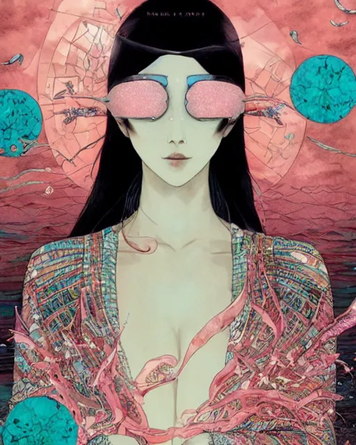 Image similar to lee jin - eun in luxurious dress emerging from pink and turquoise water in egyptian pyramid city during an eclipse by takato yamamoto, nicola samuri, conrad roset, m. k. kaluta, martine johanna, rule of thirds, elegant look, beautiful, chic, face anatomy, cute complexion