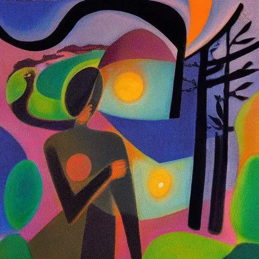 Prompt: woman woman searches for her lost child in the forest by the moonlight, abstract art in the style of cubism and georgia o’keefe ,