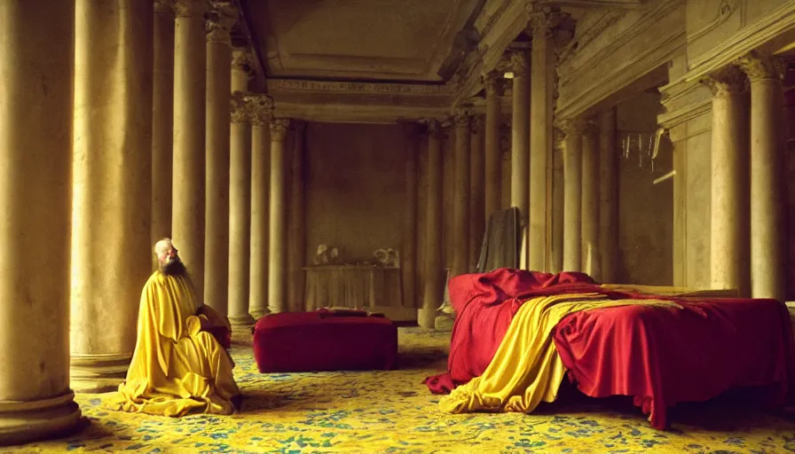 Prompt: movie still of emperor marcus aurelius, plague - infested his bed with yellow drapery in a ancient room with columns next to the ocean, cinestill 8 0 0 t 3 5 mm, high quality, heavy grain, high detail, cinematic composition, dramatic light, anamorphic, hyperrealistic