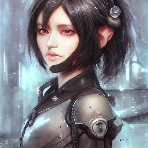 Image similar to portrait of an elf girl by ayami kojima, she is about 2 0 years old, mixture between british and japanese, black bob hair, and she is wearing a modern tactical gear, scifi, highly detailed portrait, digital painting, artstation, concept art, smooth, sharp foccus ilustration, artstation hq