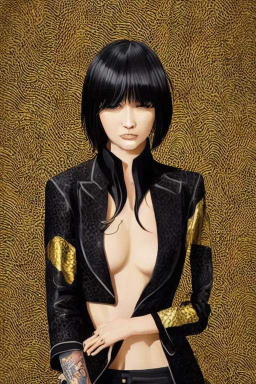 Image similar to yakuza slim girl, gold suit jacket in snake print, jacket over bare torso, yakuza tattoo Irezumi on body, black short curtain haircut, black leather pants with black belt, portrait, beautiful face, elegant, 2d, ultra highly detailed, digital painting, smooth, sharp focus, artstation, art by Ilya Kuvshinov, rossdraws