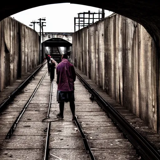 Prompt: poor people life under railway bridge, award winning, realistic, 2 0 0 0 p, hyper details, by steve mccury, best on adobe stock, cinematic, detailed place and people