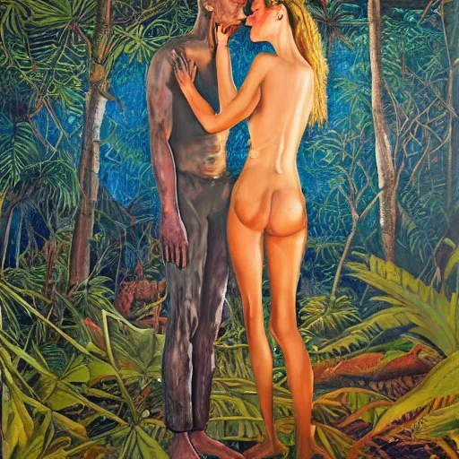 Prompt: the illuminated mystic Rhodesian ridgeback and a man and a woman in love, softly lit from behind, full moon night in the jungle Portrait by Paul Bonner, oil on canvas