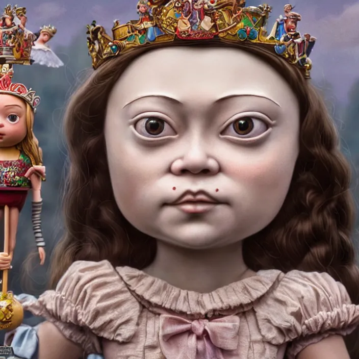 Image similar to highly detailed closeup, face profile portrait of greta thunberg as a tin toy fairytale princess wearing a crown eating cakes, bikini, unreal engine, nicoletta ceccoli, mark ryden, earl norem, lostfish, global illumination, detailed and intricate environment
