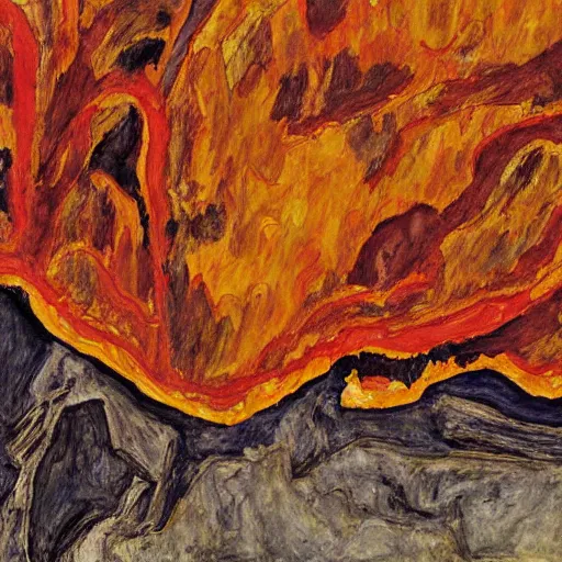 Prompt: painting of an erupting volcano in the style of egon schiele