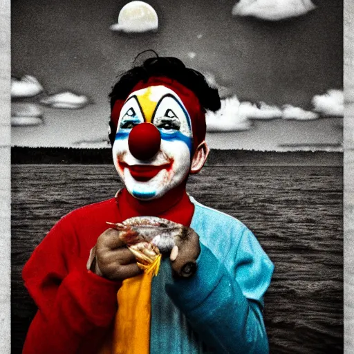 Image similar to clown, eating fish, moon, high res, sky diamonds, film grain