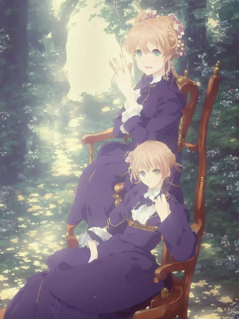 Image similar to a character portrait of violet evergarden, sitting down on a chair in a victorian home background, style of kyoto animations, trending on pixiv, anime, high detail, character accurate