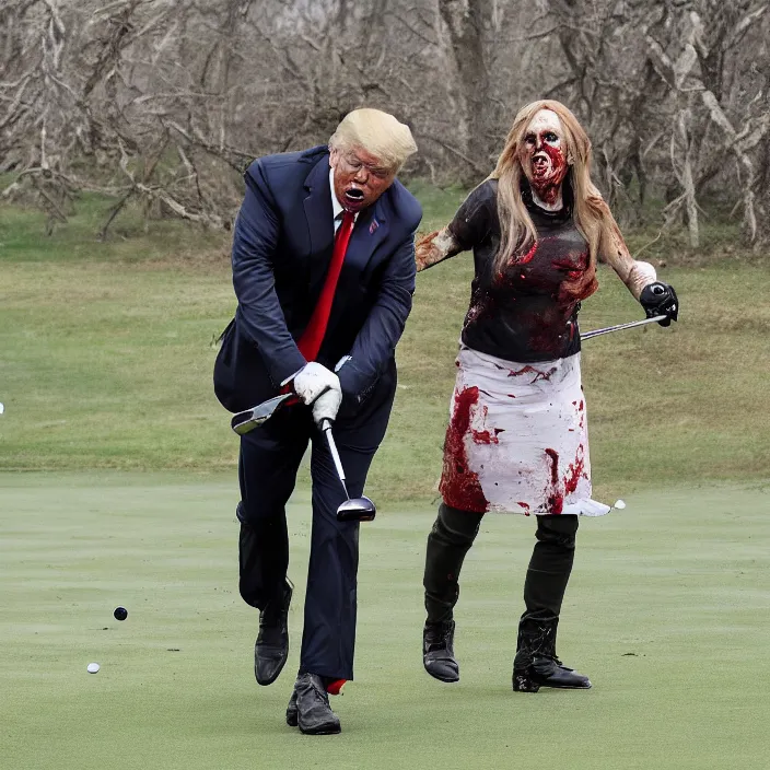 Prompt: zombie donald trump jr. trips his chainsaw wielding sister on the golf course. professional photography