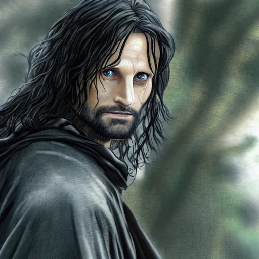 Prompt: aragorn in an anime world, incredibly detailed, wide shot
