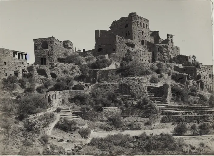 Image similar to Photograph of sprawling cliffside pueblo ruins, showing terraced gardens and narrow stairs in lush desert vegetation in the foreground, albumen silver print, Smithsonian American Art Museum