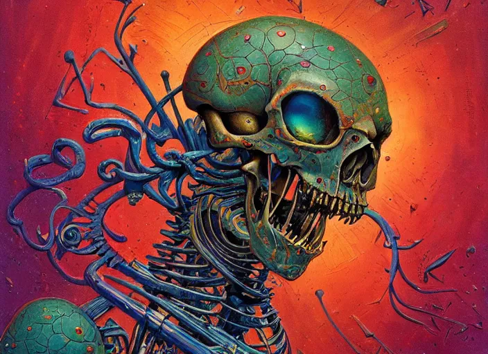 Prompt: A psychedelic portrait of omin dran biomechanical skeletal , vibrant color scheme, highly detailed, in the style of romanticism, cinematic, artstation, Moebius, Greg rutkowski futurism, no blur, 4k resolution, sharp ages, ultra detailed, style of John Berkey, Norman Rockwell, Hans Thoma, Ivan Shishkin, Tyler Edlin, Thomas Kinkad