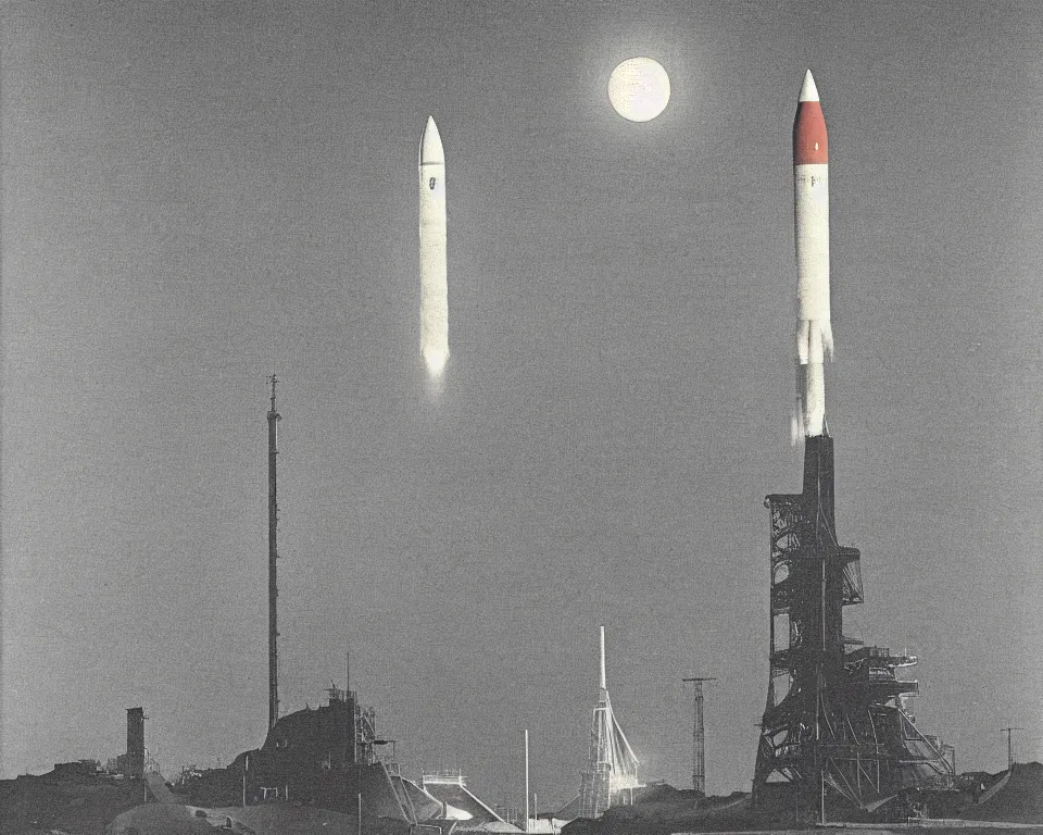 Prompt: achingly beautiful print of a Saturn V rocket on the launchpad, bathed in moonlight, by Hasui Kawase and Lyonel Feininger.