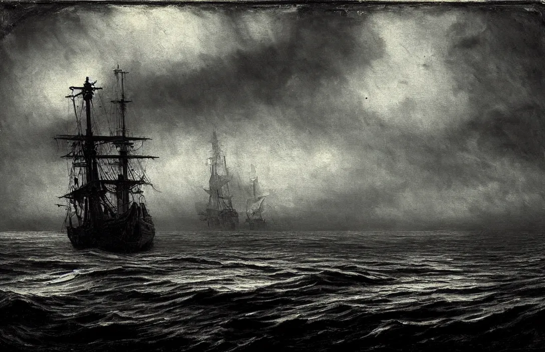 Image similar to excellent gesture and form ship ever further out to sea intact flawless ambrotype from 4 k criterion collection remastered cinematography gory horror film, ominous lighting, evil theme wow photo realistic postprocessing render by christopher soukup fusing a dream world of imagination with closely observed reality photograph by ansel adams painting by victor vasnetsov