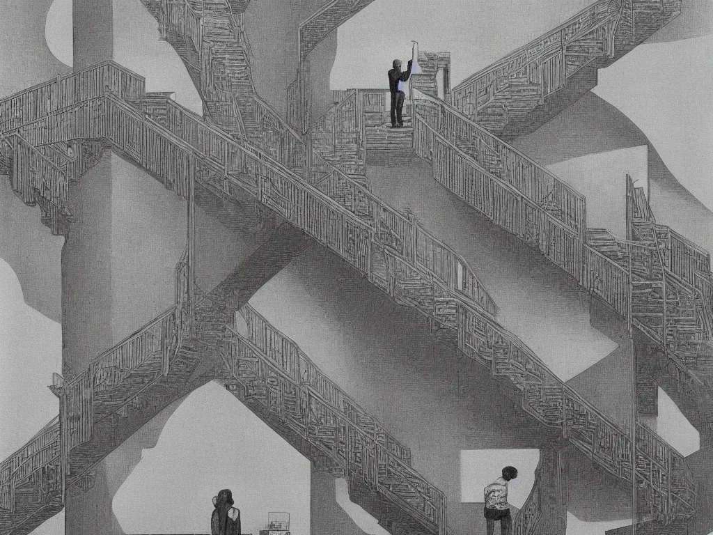 Image similar to lithograph printed in 1976. It depicts a man in an art gallery viewing a print of a seascape. The man's reflection is seen in the print, and the reflection shows the man walking down a staircase. The staircases in the print appear to be infinite, By M. C. Escher, colorized by Hayao Miyazaki