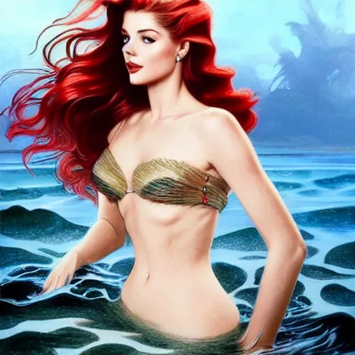 Image similar to A combination of Grace Kelly's and Katheryn Winnick's and Ashley Greene's faces with red hair as a mermaid half submerged on the beach, western, fantasy, intricate, elegant, highly detailed, digital painting, artstation, concept art, matte, sharp focus, illustration, art by Artgerm and Greg Rutkowski and Alphonse Mucha