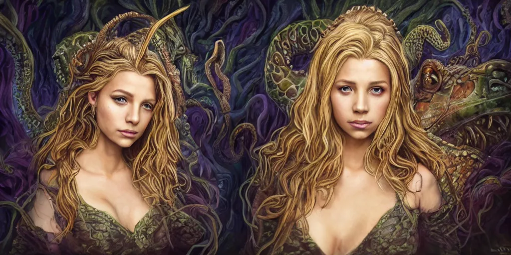 Image similar to Fantasy fairytale style portrait painting, Great Leviathan Turtle, cephalopod, Cthulhu Squid, hybrid, Mythic Island, center Universe, accompany Cory Chase, Blake Lively, Anya_Taylor-Joy, Grace Moretz, Halle Berry, Mystical Valkyrie, Anubis-Reptilian, Atlantean Warrior, hybrid, intense fantasy atmospheric lighting, hyperrealistic, William-Adolphe Bouguereau, François Boucher, Jessica Rossier, Michael Cheval, Oil Painting, Cozy, hot springs hidden Cave, candlelight, natural light, lush plants and flowers, Spectacular Mountains, bright clouds, luminous stellar sky, outer worlds, michael whelan, Solar Flare HD,