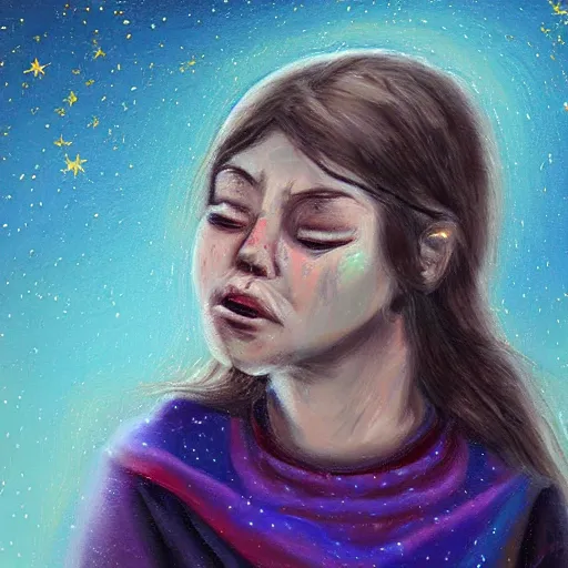 Prompt: a girl crying, stars in the sky, expressive oil painting, cold weather, digital art, by Josh Collins, emotional art