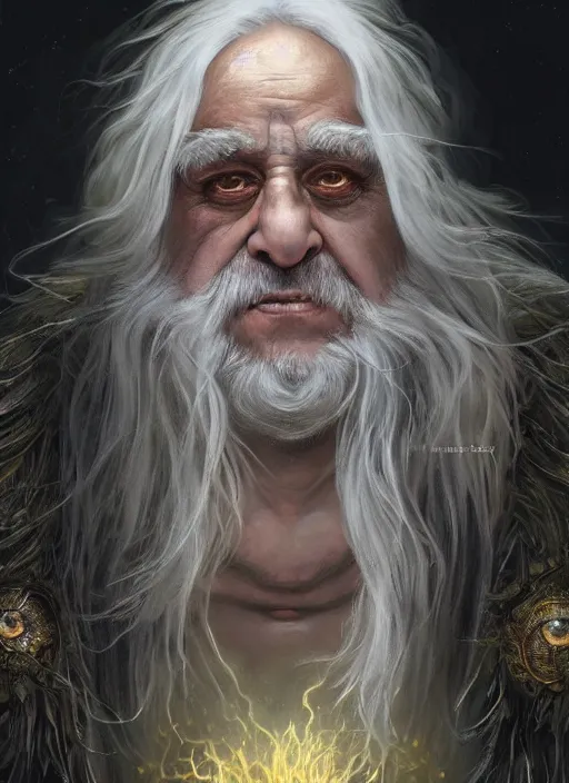 Image similar to Portrait of Danny DeVito, white glowing eyes, silver shaggy hair, cloak, ethereal wings, male, fantasy, extremely detailed, digital painting, artstation, concept art, smooth, sharp focus, illustration, stunning lighting, art by artgerm and greg rutkowski and alphonse mucha and simon stalenhag, realistic character concept, high fantasy, light atmosphere, golden ratio, cinematic lighting, hyperdetailed, high resolution, insanely detailed and intricate, artstation, Marc Simonetti, Greg Rutkowski, 8k