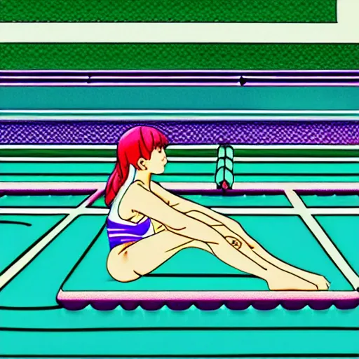 Prompt: girl swimming in an indoor pool in hungary, sprite, vaporwave nostalgia, green and white color palette, directed by beat takeshi, visual novel cg, 8 0 s anime vibe, kimagure orange road, maison ikkoku, sketch by osamu tezuka, directed by makoto shinkai and beat takeshi