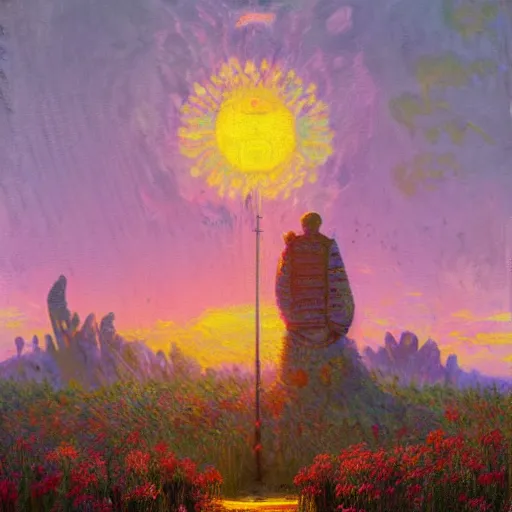 Prompt: highly detailed scene, artstation style, The queen of the sun, by Simon Stålenhag and Claude Monet, oil on canvas