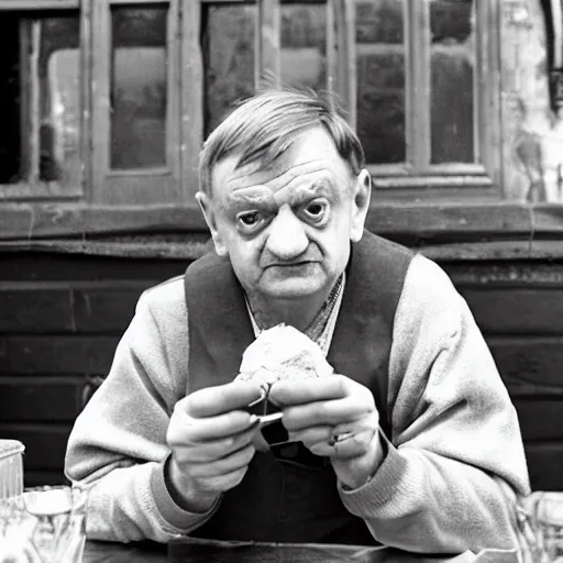 Prompt: mark e smith sitting at a table eating a big pile of vegetables, fork and knife in hand, drooling and licking and smacking his lips, photograph