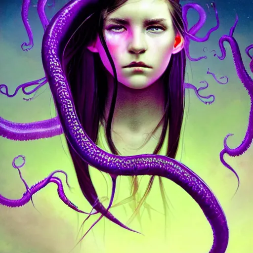 Image similar to detailed photo portrait of a furious teen girl with thin, hair-like purple tentacles on her head and bright purple eyes, 8k,by tristan eaton, Stanley Artgermm,Tom Bagshaw,Greg Rutkowski,Carne Griffiths,trending on DeviantArt, face enhance,hyper detailed ,full of colour, dramatic lightning