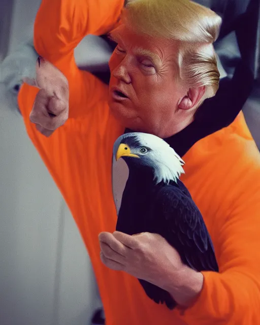 Image similar to Medium Shot Donald Trumps wearing orange pajamas in jail and an american eagle is attacking and biting his head, octane, dramatic lighting, editorial photo, 35mm, very detailed