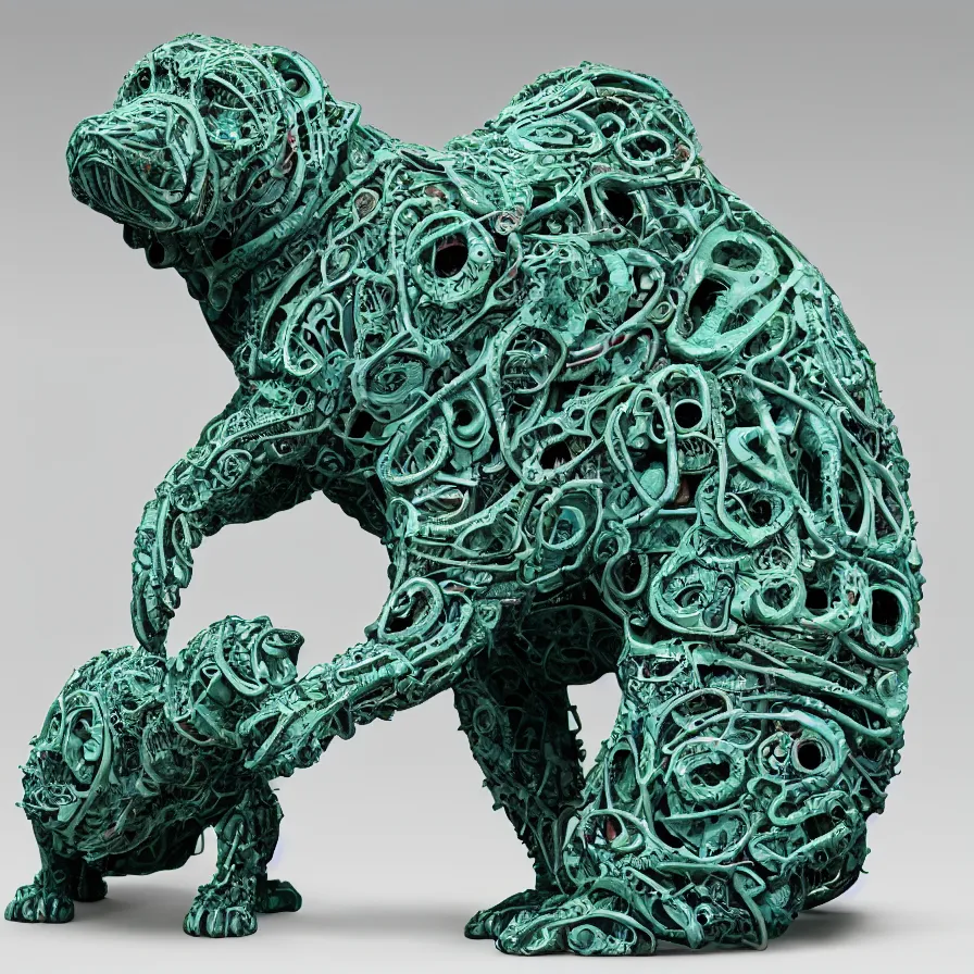 Prompt: beautiful gallery show studio photograph of a giant realistic biomechanical ceramic sculpture of a shar pei dog, fractal 3 d structure, celadon glaze, placed on a polished wooden table, colorful hyperrealism 8 k trending on artstation