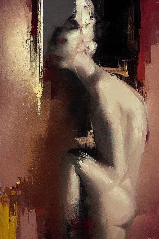 Image similar to a beautiful glitched painting by christian hook of a woman in a bathroom, brushstrokes by jeremy mann, still life, dark colors