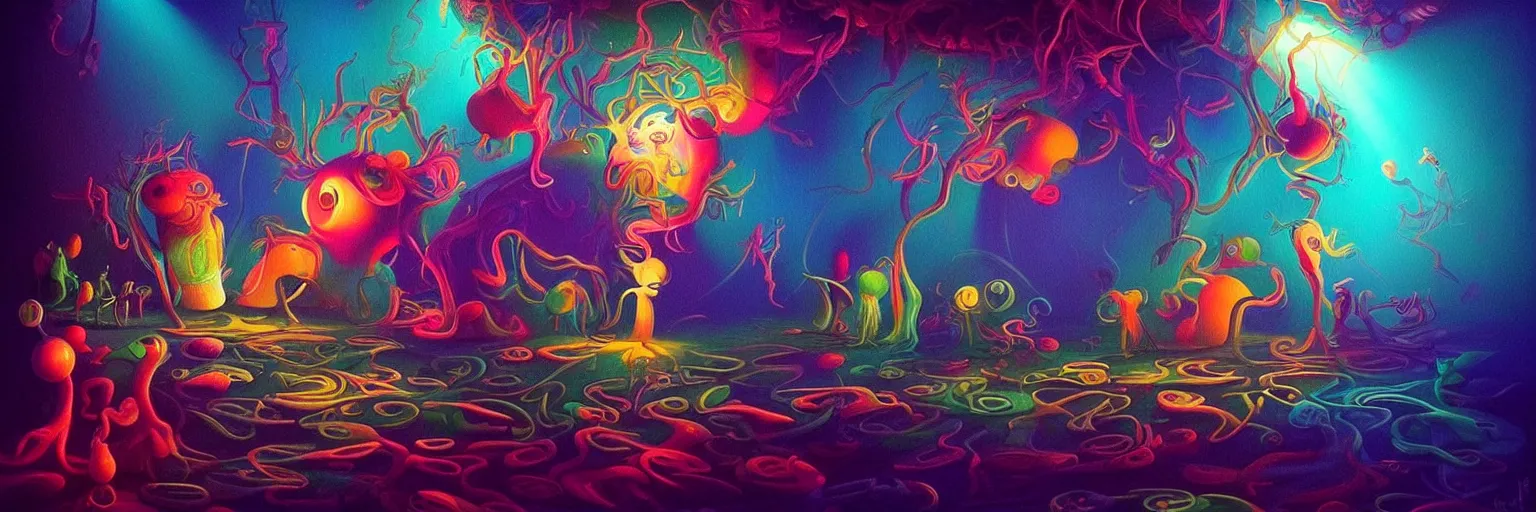 Image similar to whimsical microscopic imaginal creatures from the depths of the collective unconsciouis, dramatic lighting light rays, surreal darkly colorful painting by ronny khalil