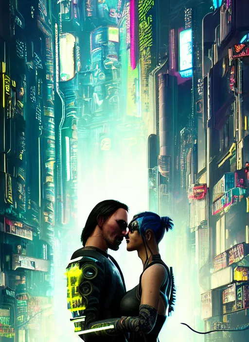 Prompt: a highly detailed photorealistic cyberpunk 2077 couple portrait of a Keanu Reeves as johnny silverhand and a female android in final kiss with lots of electric cable behind them connected to giant computer,couple pose,love,fantasy, intricate, elegant,by Alex Horley and Greg Rutkowski,artstation,deviantart,FAN ART,Unreal Engine,Digital painting,face enhance,8K,golden ratio,cinematic lighting