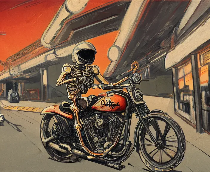 Prompt: a very detailed painting of a skeleton wearing a leather jacket, riding a motorbike, harley davidson motorbike, worm's - eye view, very fine brush strokes, very aesthetic, very futuristic, in the style of edward hopper and grant wood and syd mead, 4 k,