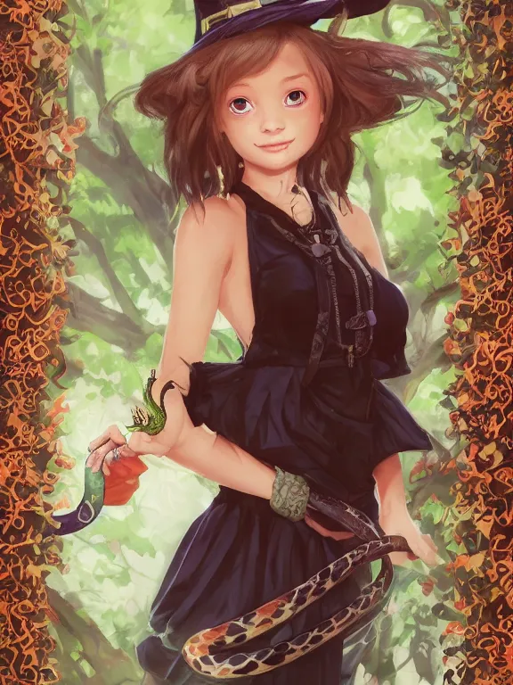 Prompt: Full shot of a cute mischievous young witch about to get up to some trouble with her playful snake familiar. Latin American fashion. Floral patterns. Black and Orange palette. Magic. Latina girl. brown skin. defined facial features, symmetrical facial features. Smiling. By Ruan Jia and Artgerm and Range Murata and WLOP and Ross Tran and William-Adolphe Bouguereau. Key Art. Fantasy Illustration. award winning, Artstation, intricate details, realistic, Hyperdetailed, 8k resolution.