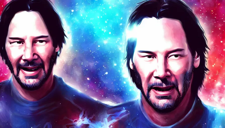 Image similar to a terrified looking Keanu reeves floating in space with a big smile, digital art, artstation, artgem