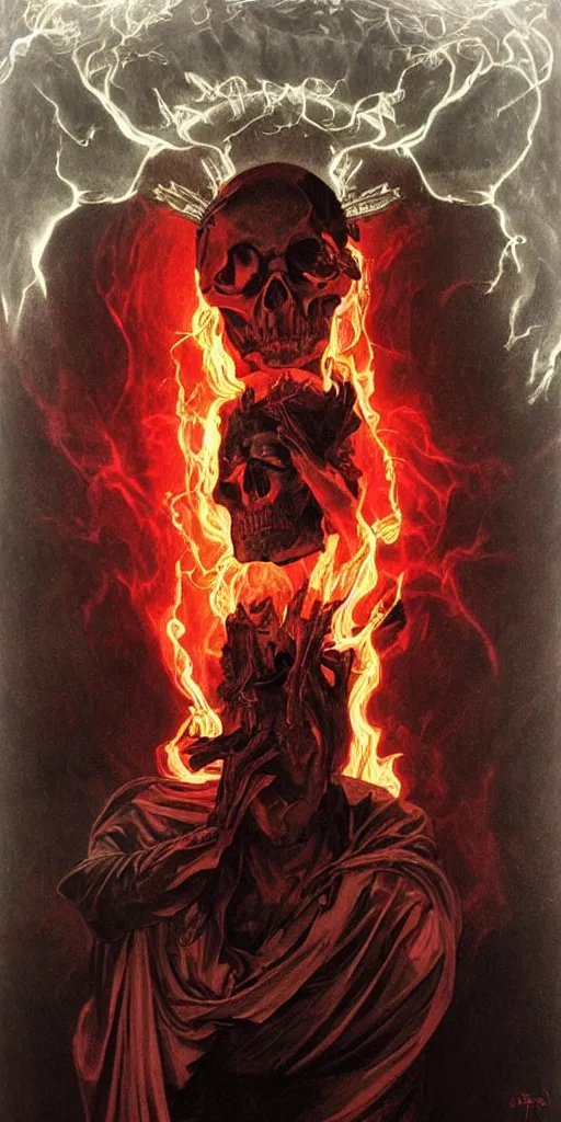 Prompt: intense glowing black metal pagan god with horn and intense black eyes with a skull on fire in very dark nebula by artgerm and alphonse mucha and beksinski, portrait, fantasy, clear, fire, light beams, lens flare, soft, uhd, amazing depth, cinematic lighting, black and red and white and yellow