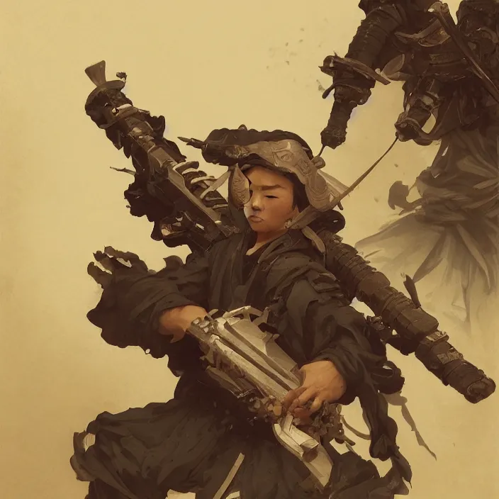 Image similar to a samurai holding a machine gun, au naturel, intricate, hyper realise, digital art, artstation, concept art, smooth render, sharp focus, ian sprigger, artgerm, greg rutkowski, alphonse mucha, william adolphe bouguereau