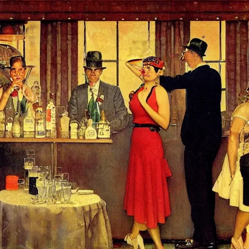 Image similar to 1 9 3 0 s chicago speakeasy, painting by norman rockwell