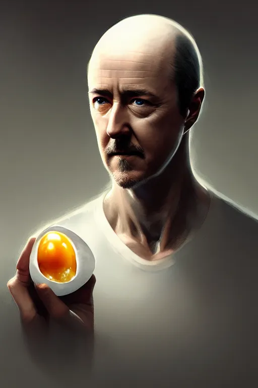 Prompt: edward norton face inside a boiled egg shell, hyper detailed, digital art, trending in artstation, cinematic lighting, studio quality, smooth render, art by greg rutkowski and artgerm