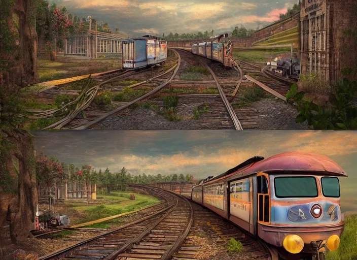 Image similar to 🛤🚞🧳, lowbrow, matte painting, 3 - d highly detailed, in the style of,